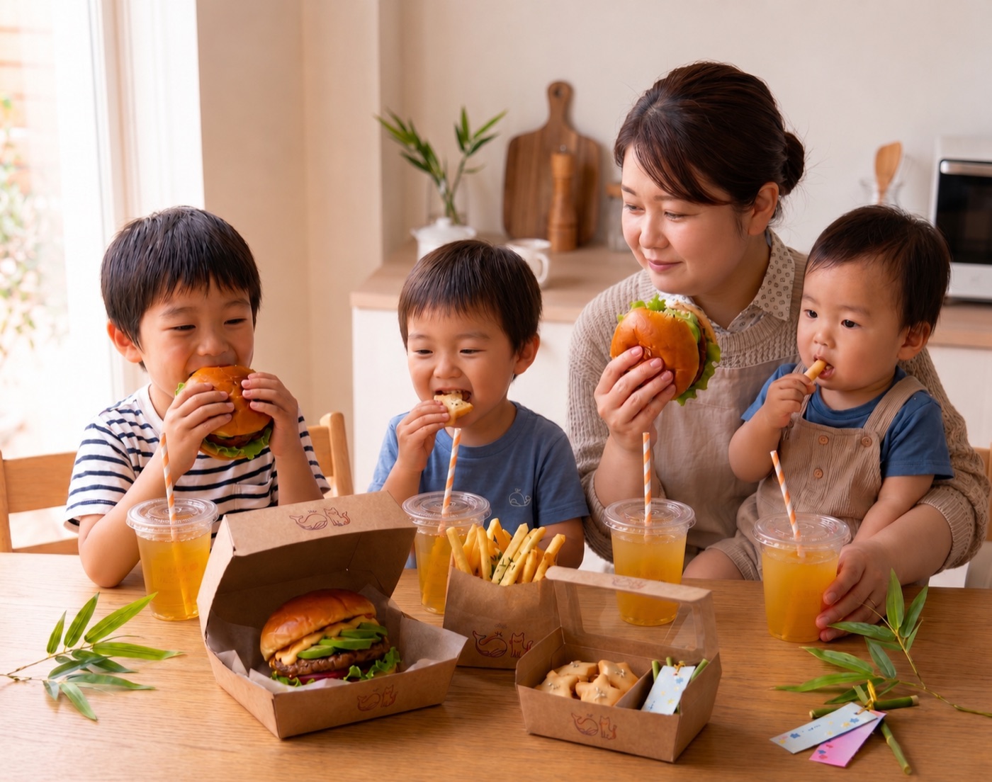 家族でスターライトバーガーのハンバーガーを食べている様子